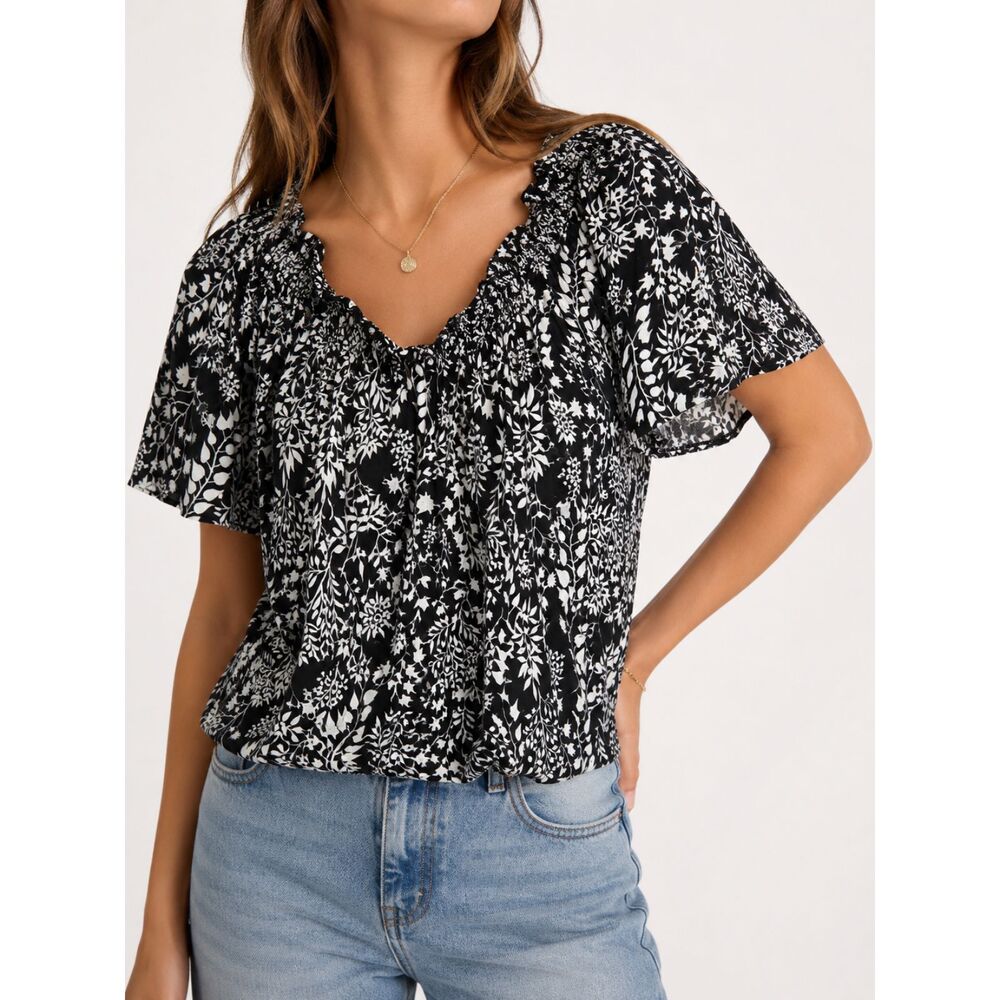 H&M 100% Cotton Floral Peasant Blouse Black 3XL Cottagecore Boho Puff Sleeve Top